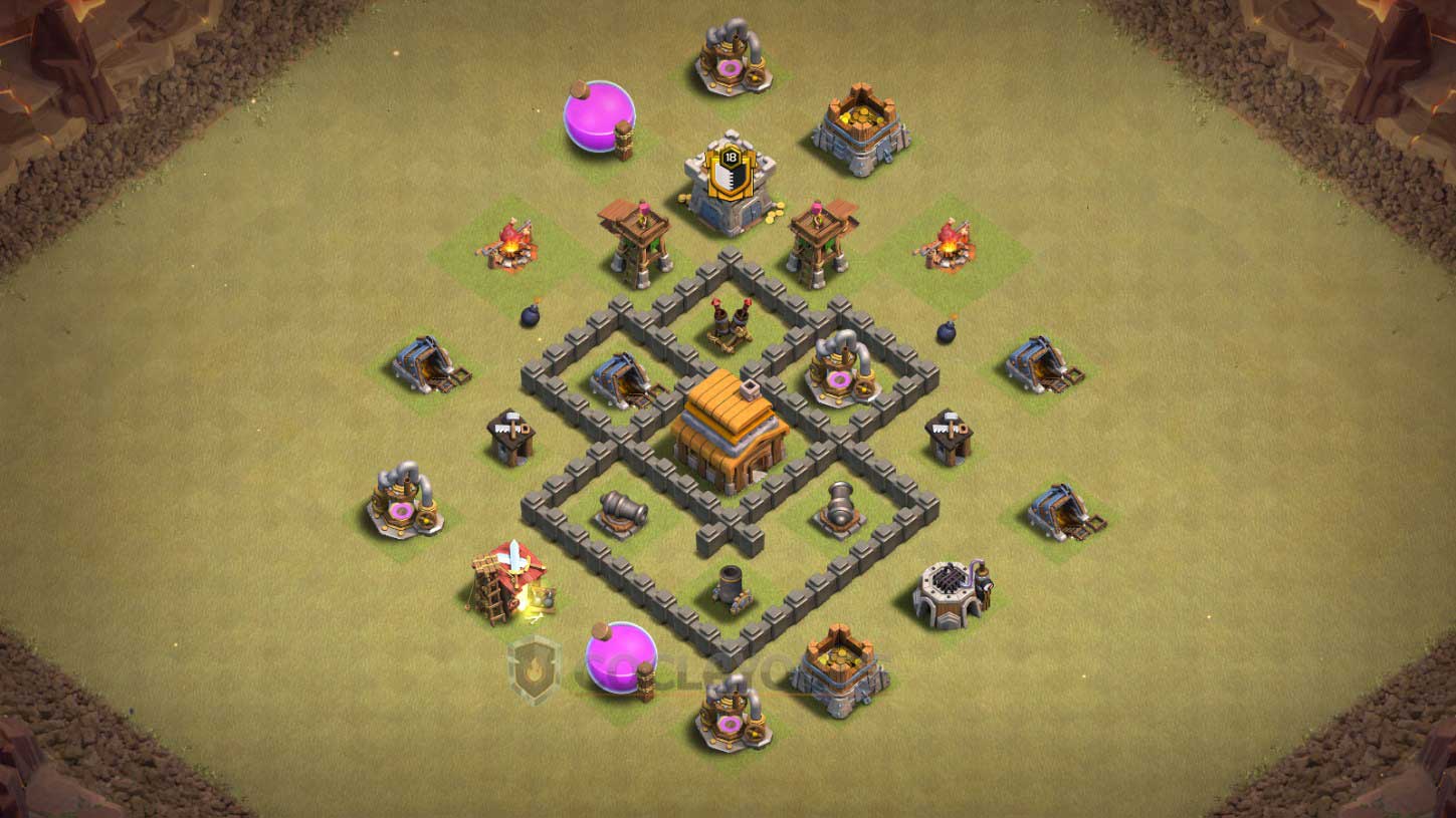 Town Hall 4 war base layout featuring a diamond compartment and centered Air Defense for maximum protection.