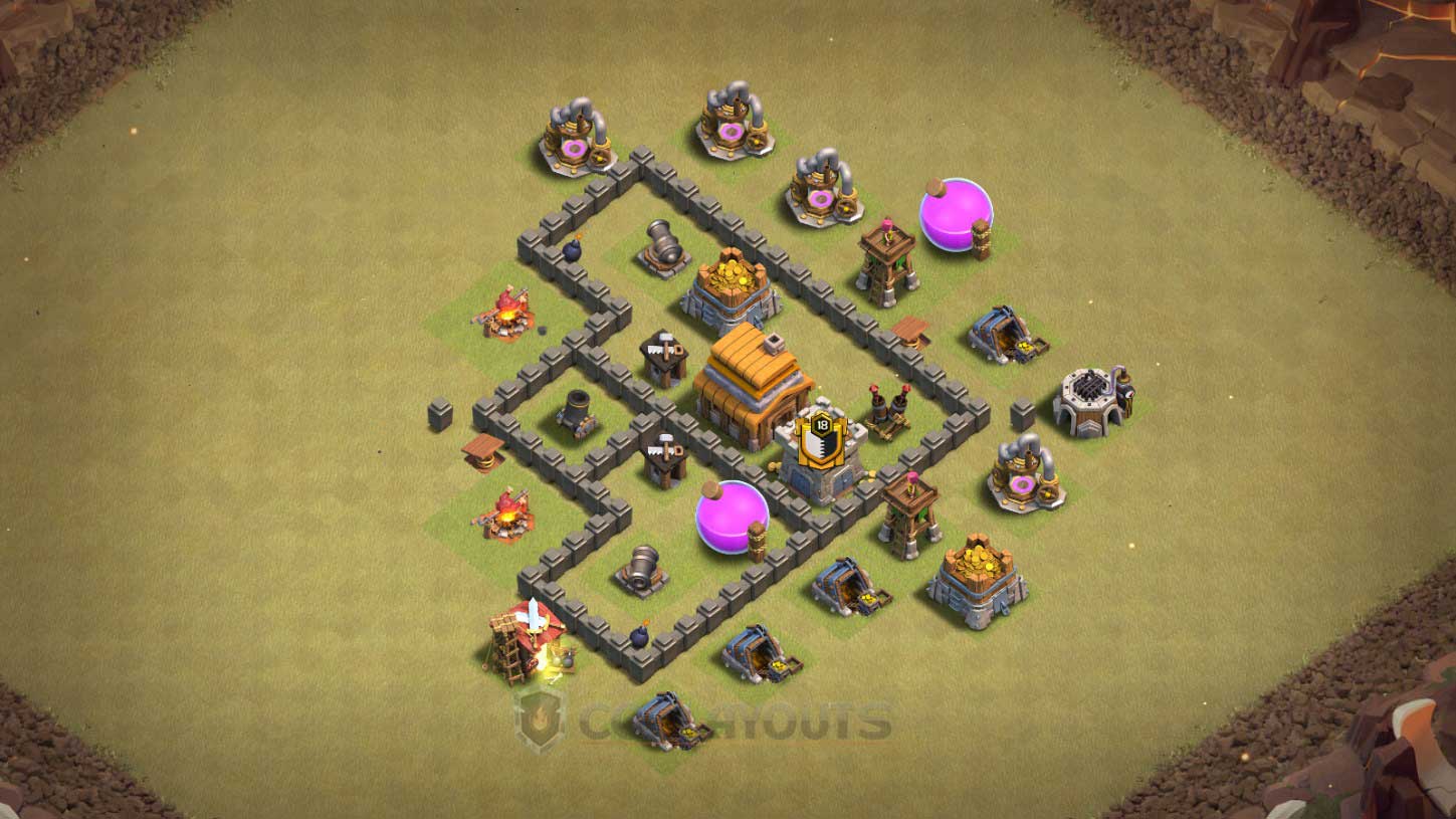 Strategic th4 war base layout shaped like a B2 Spirit stealth bomber with spread-out defenses to counter splash damage in CoC.