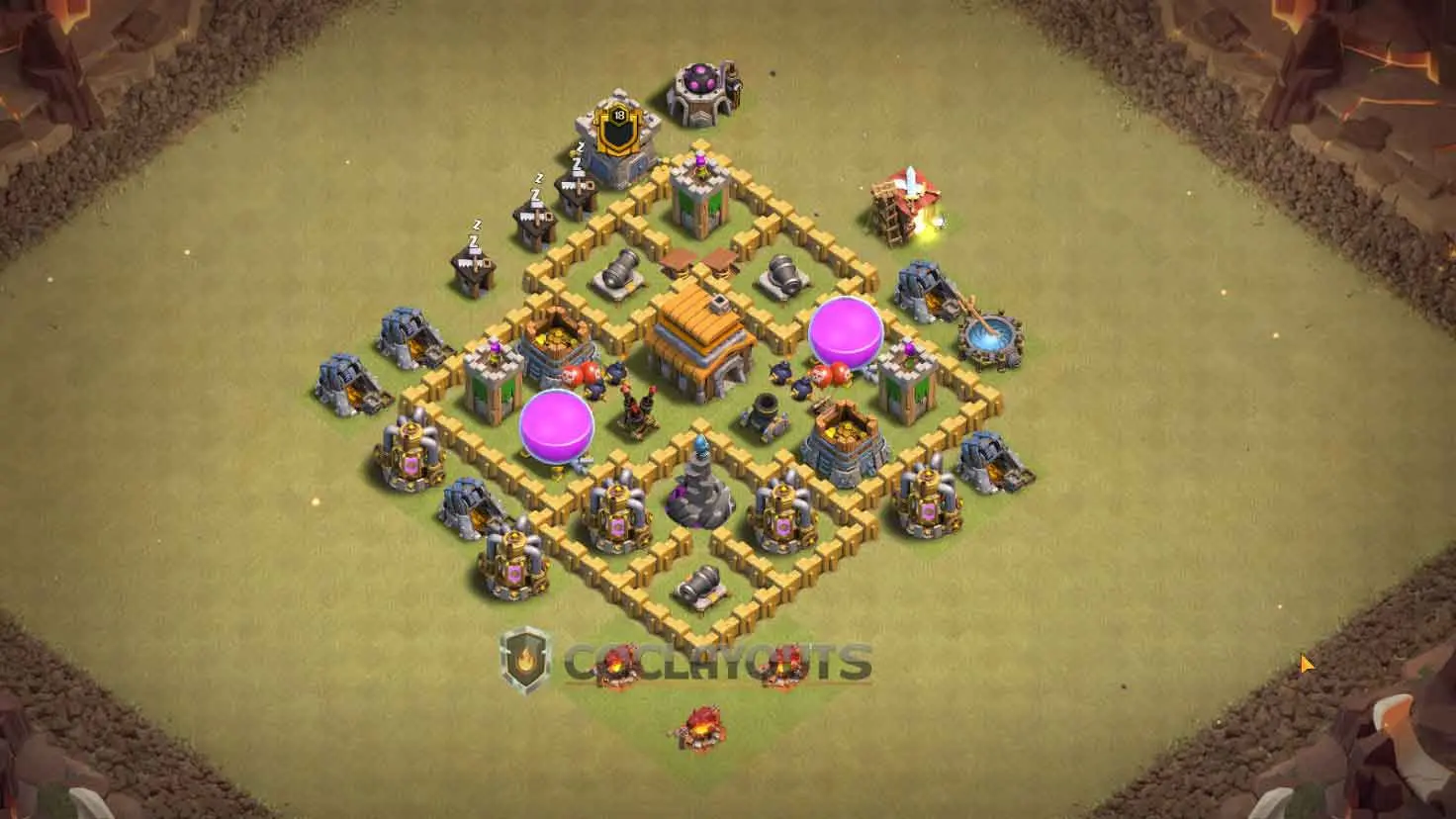 Town Hall 5 War Base with Corner Clan Castle and Centralized Air Defense