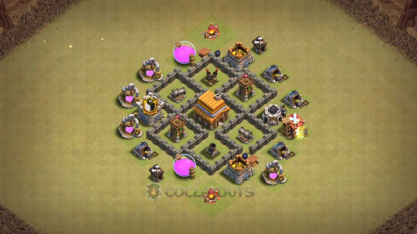 TH4 war base with isolated defense compartments to stop 3-star attacks.