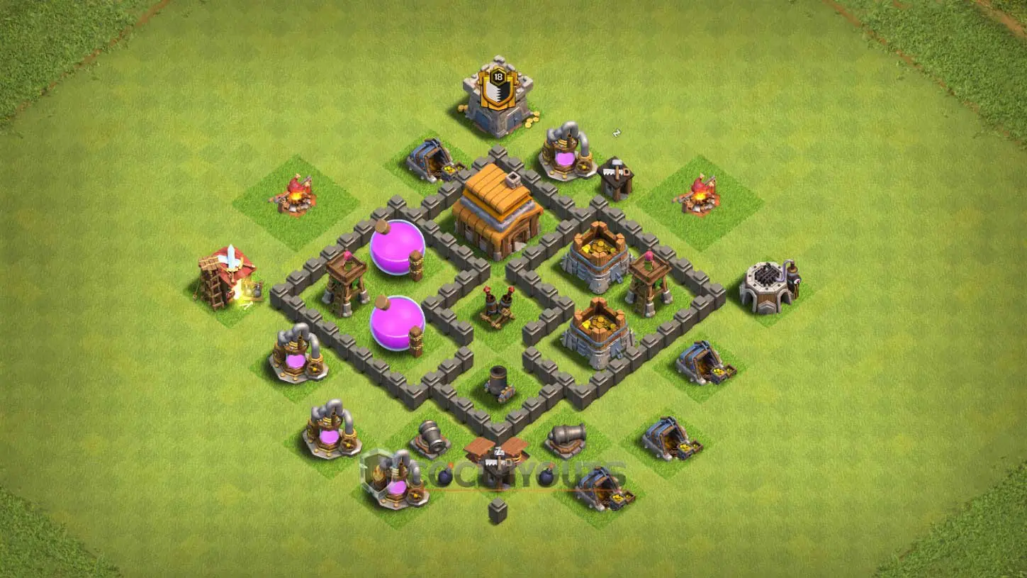 TH4 hybrid base with cannons placed to weaken troops before they hit the core.