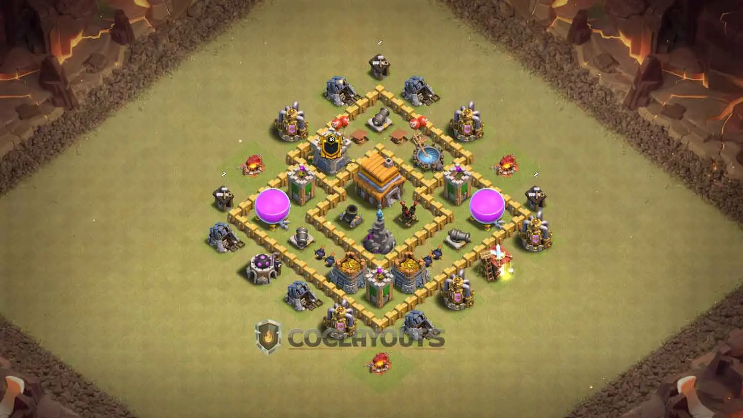 Town Hall 5 War Base with Town Hall, Mortar, and Air Defense in a sealed center compartment.