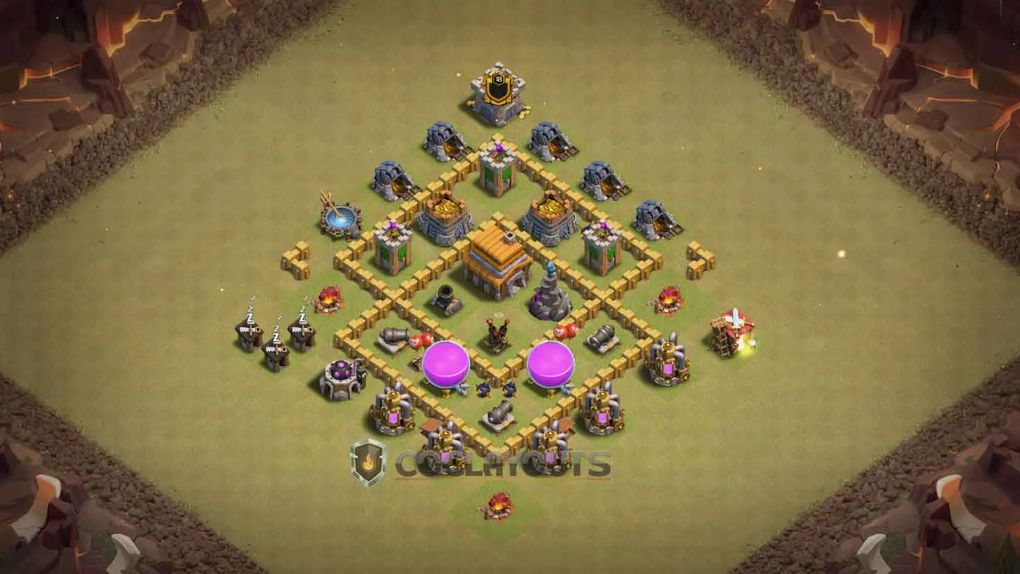 Town Hall 5 Diamond War Base with Clan Castle at the top point and central Air Defense.