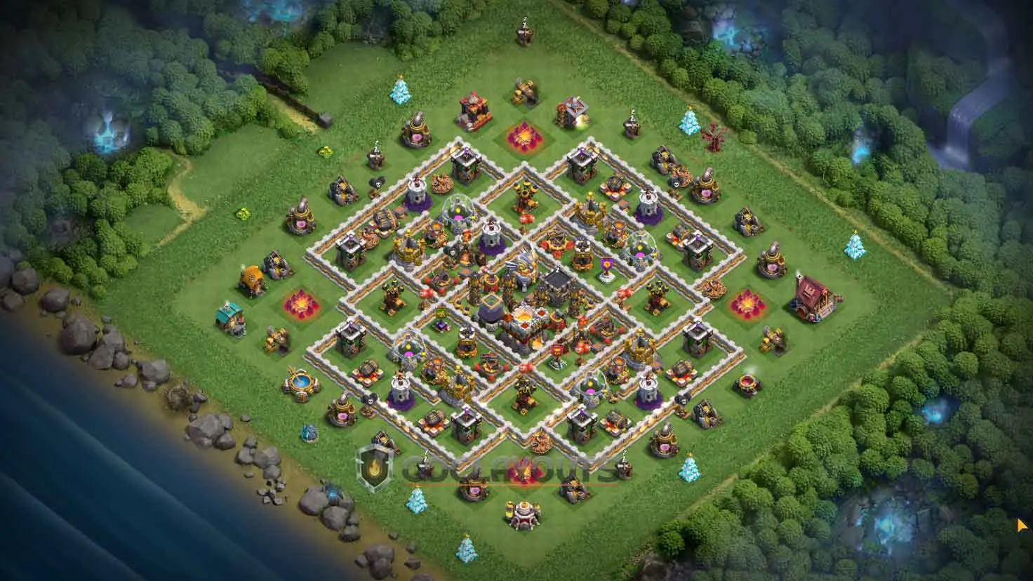 A clash of clans th11 base designed for farming with loot bins distributed across multiple compartments for stronger protection.