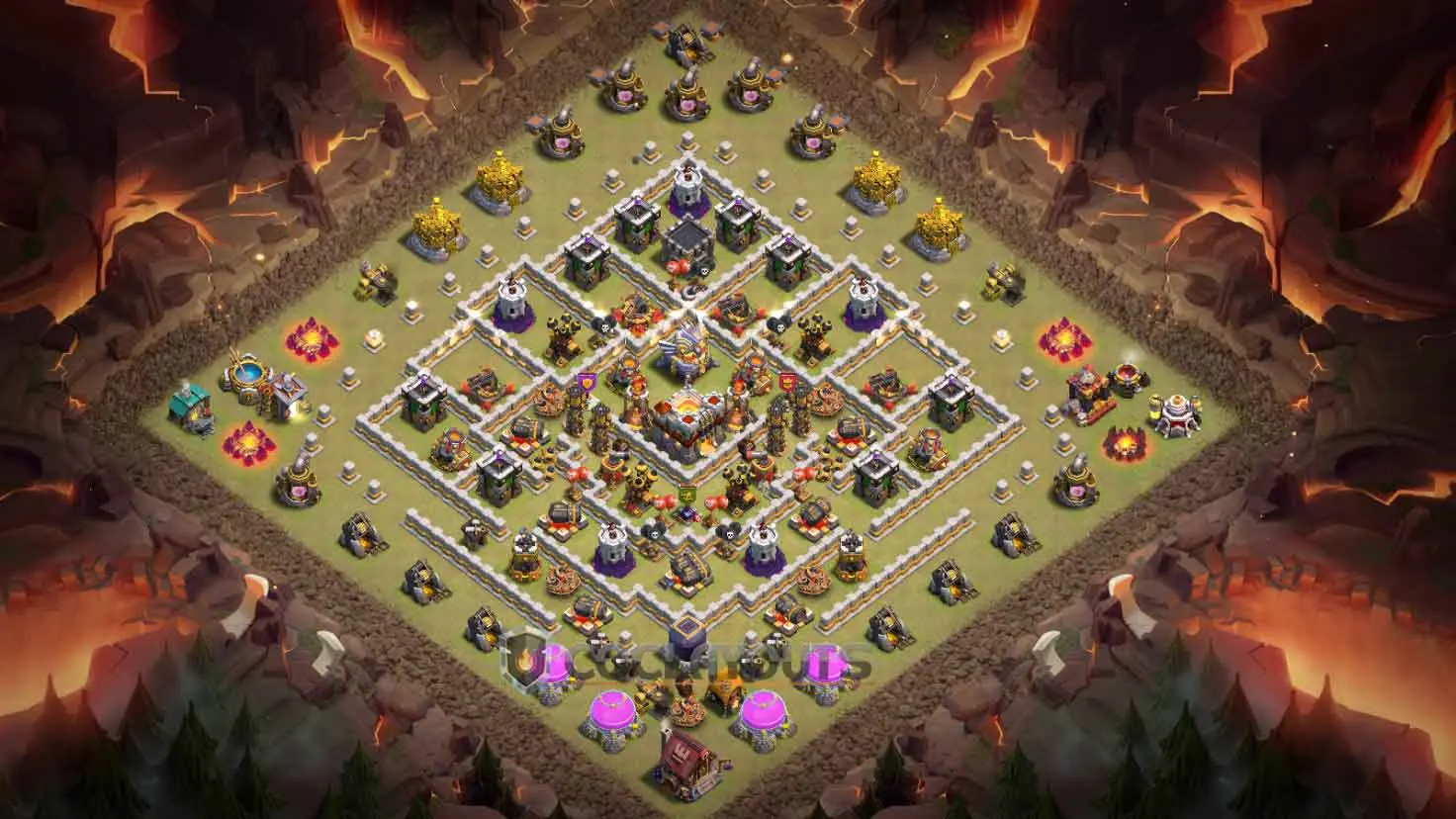 Clash of Clans TH11 war base layout with a diamond-shaped defensive perimeter and a centralized Eagle Artillery.