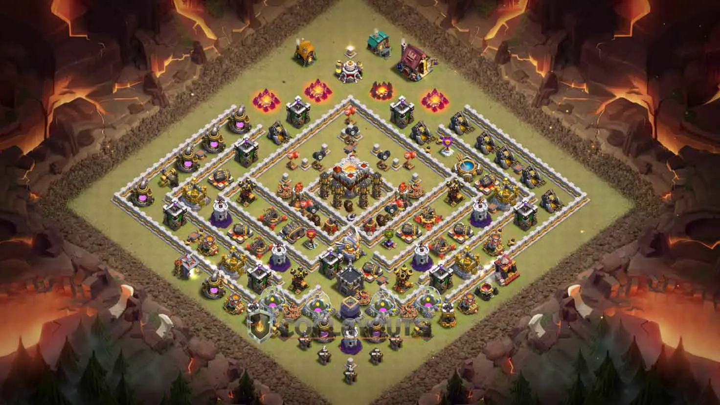 Clash of Clans TH11 war base layout with ring design to force enemy troop pathing around the Town Hall.