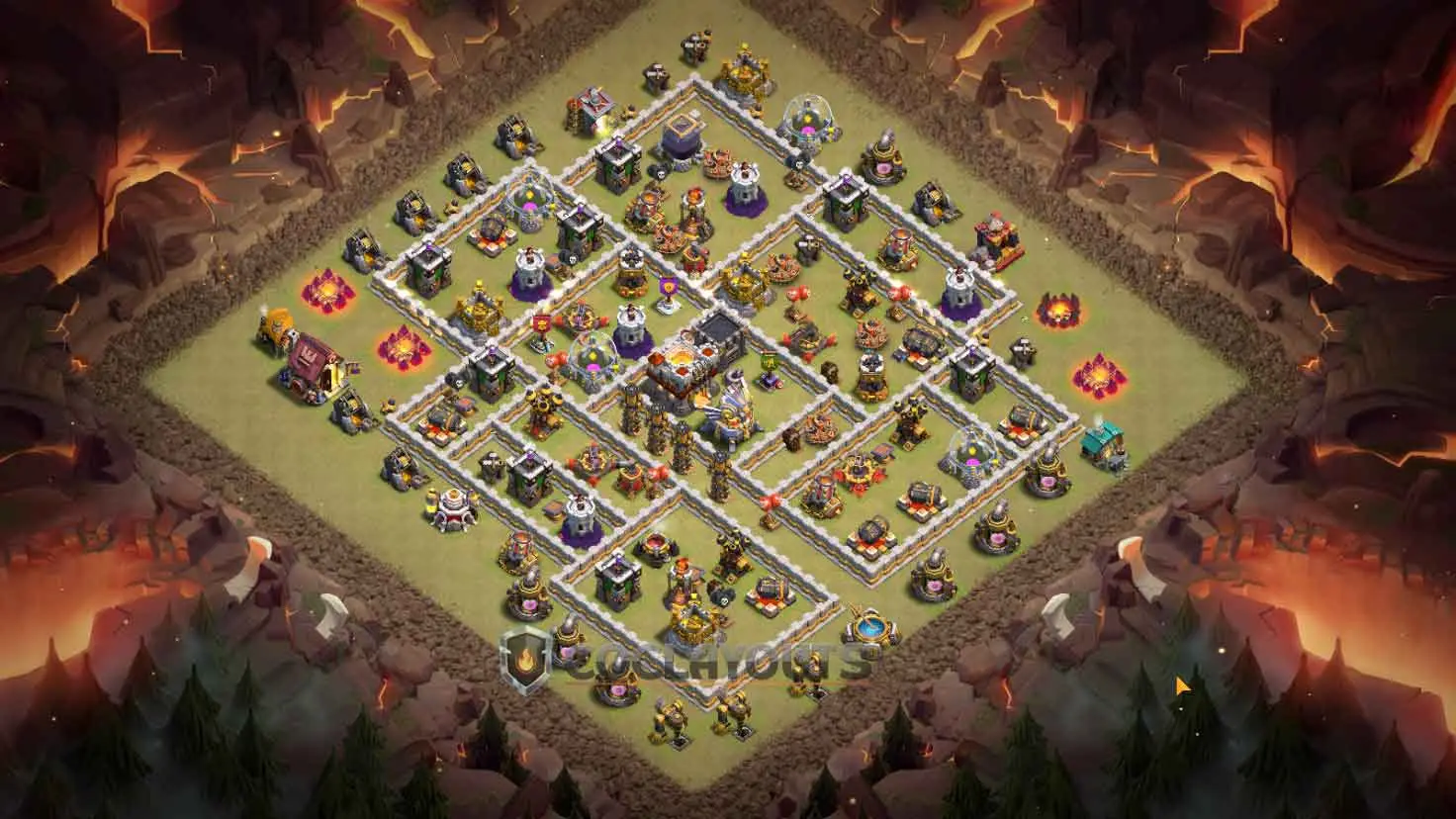 Clash of Clans TH11 war base layout with symmetrical box compartments and protected Eagle Artillery.