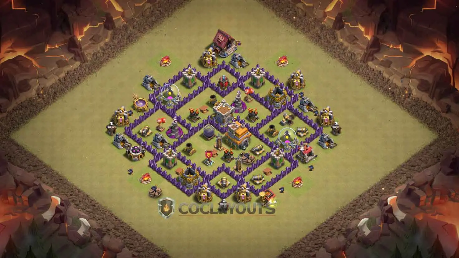 A Clash of Clans TH7 war base layout with centralized air defenses and spread-out ground traps for clan wars.