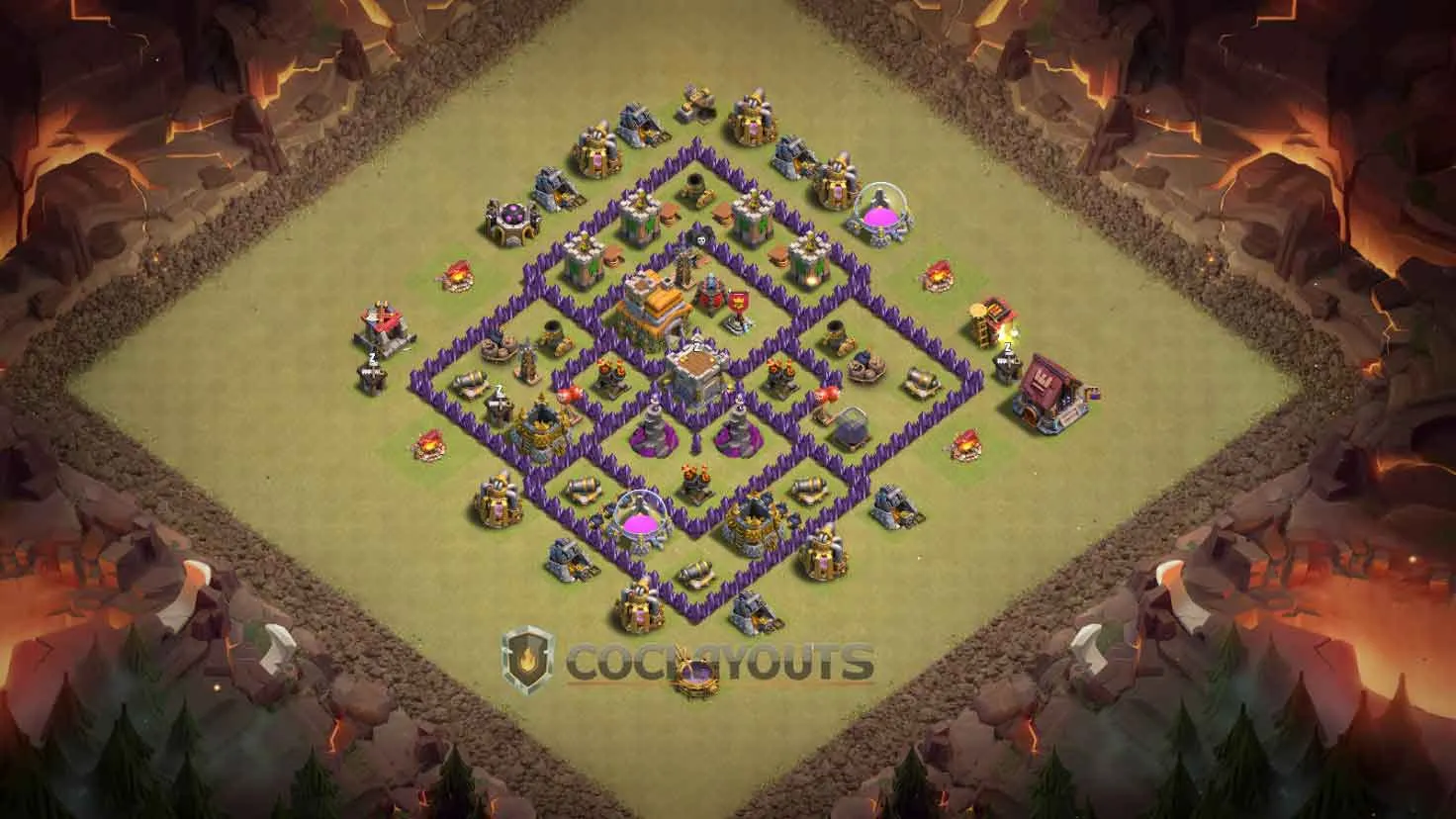 A clash of clans th7 base for war with the Clan Castle placed in the center of the village.